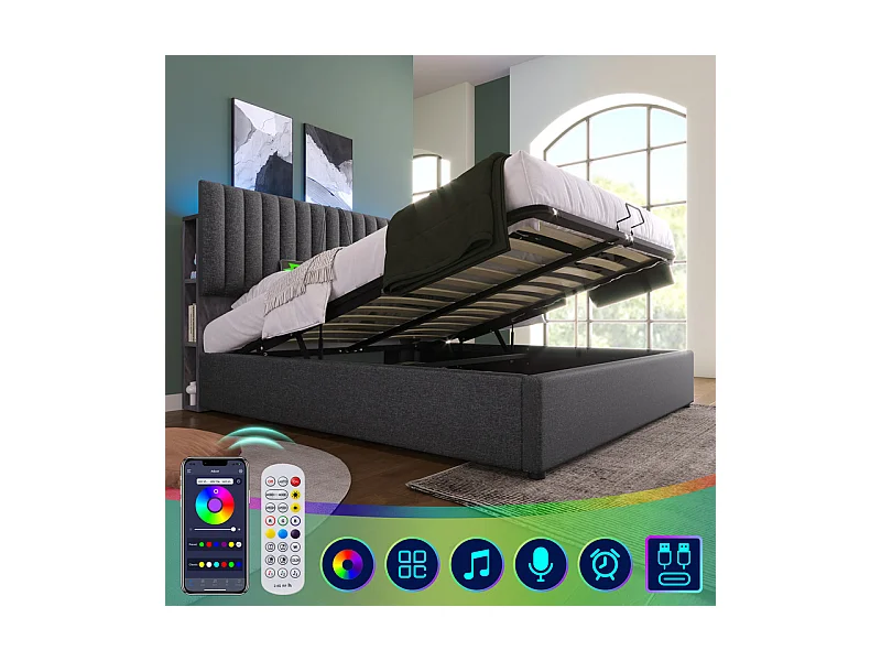 Lit coffre rembourré en lin avec ports de charge et LED - 160x200cm - 3 compartiments sur la tête réglablela - Gris