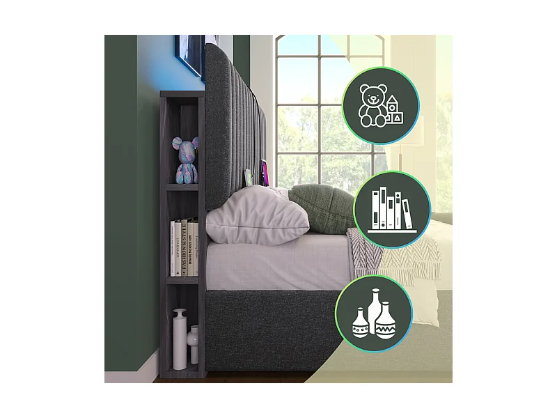 Lit coffre rembourré en lin avec ports de charge et LED - 160x200cm - 3 compartiments sur la tête réglablela - Gris