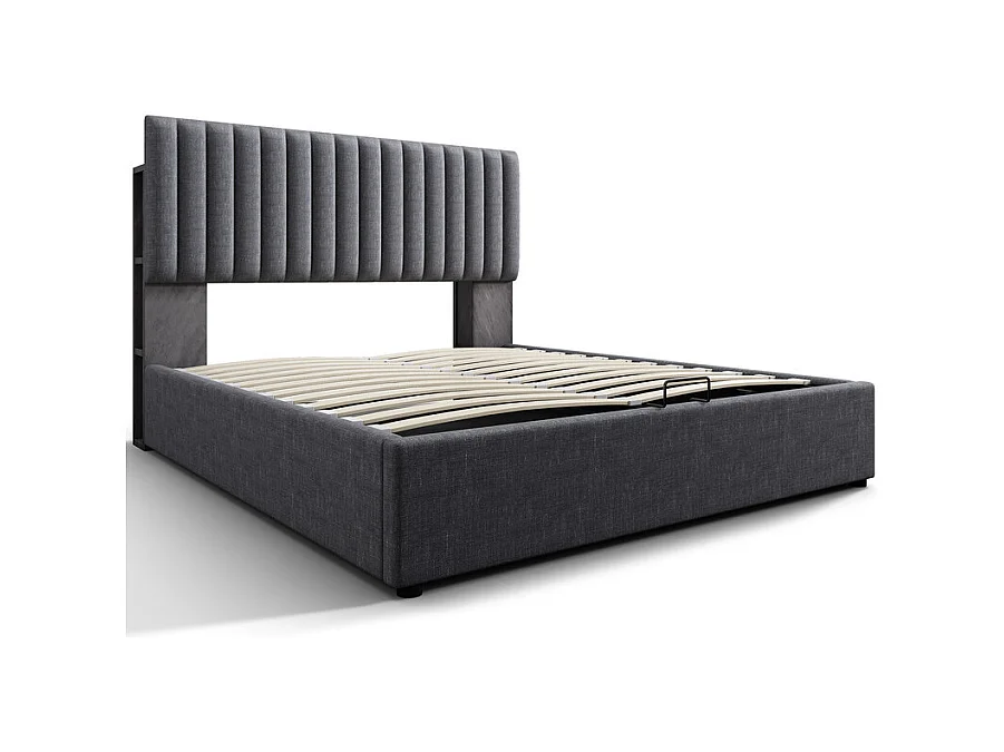 Lit coffre rembourré en lin avec ports de charge et LED - 160x200cm - 3 compartiments sur la tête réglablela - Gris