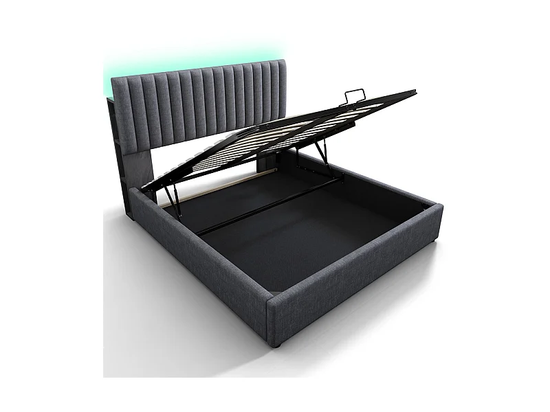 Lit coffre rembourré en lin avec ports de charge et LED - 160x200cm - 3 compartiments sur la tête réglablela - Gris