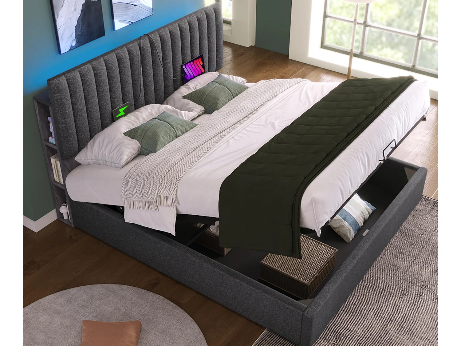 Linnen gewatteerd opbergbed met oplaadpoorten en LED - 160x200cm - 3 vakken op het verstelbare hoofdeinde - Grijs