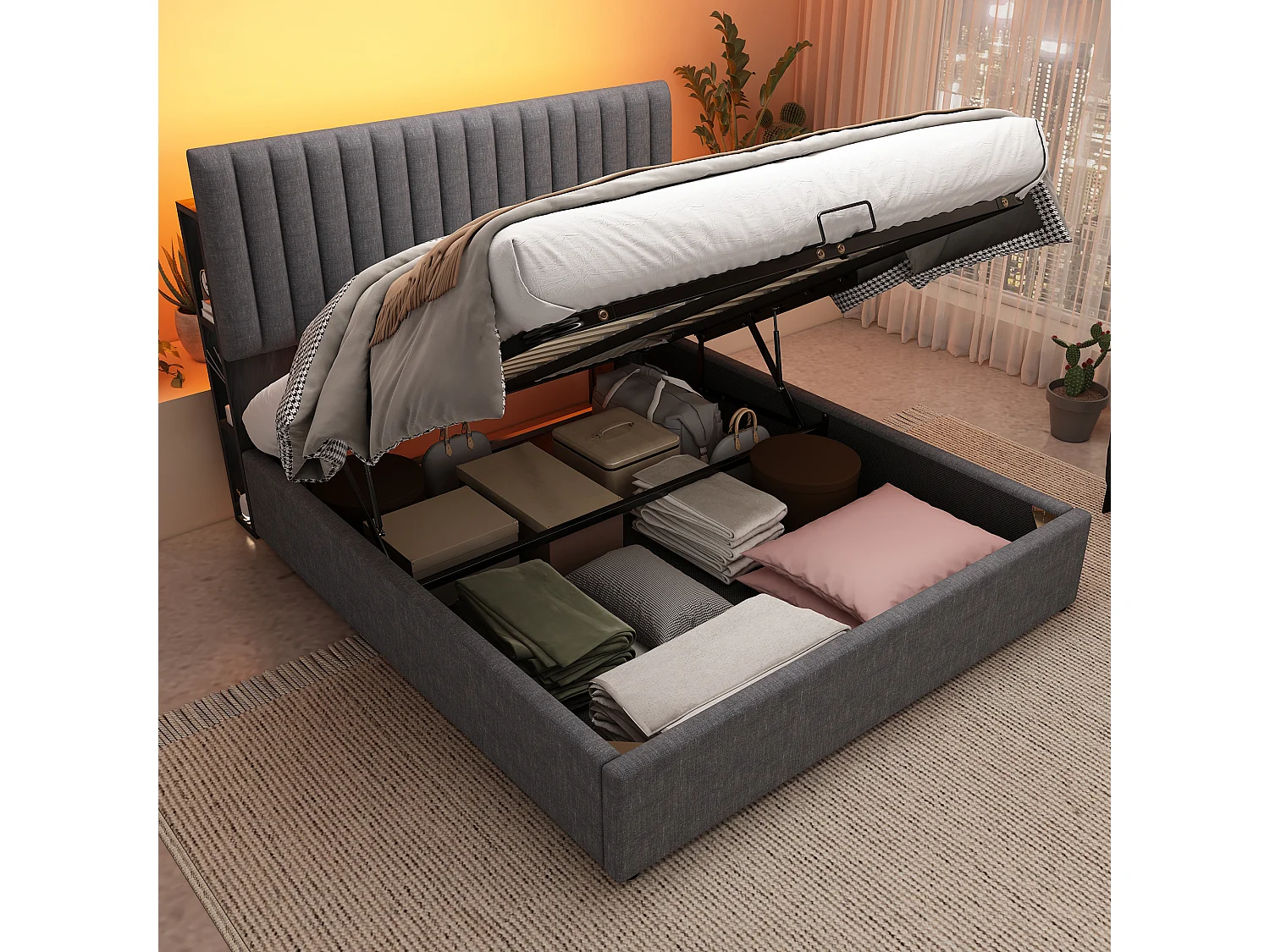 Linnen gewatteerd opbergbed met oplaadpoorten en LED - 160x200cm - 3 vakken op het verstelbare hoofdeinde - Grijs