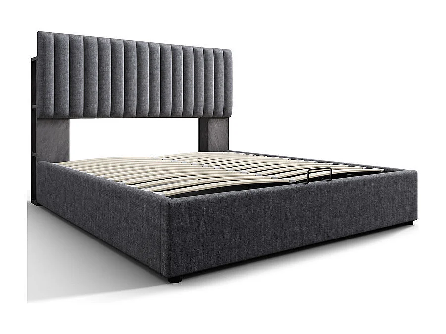 Lit coffre rembourré en lin avec ports de charge et LED - 140x200cm - 3 compartiments sur la tête réglablela - Gris