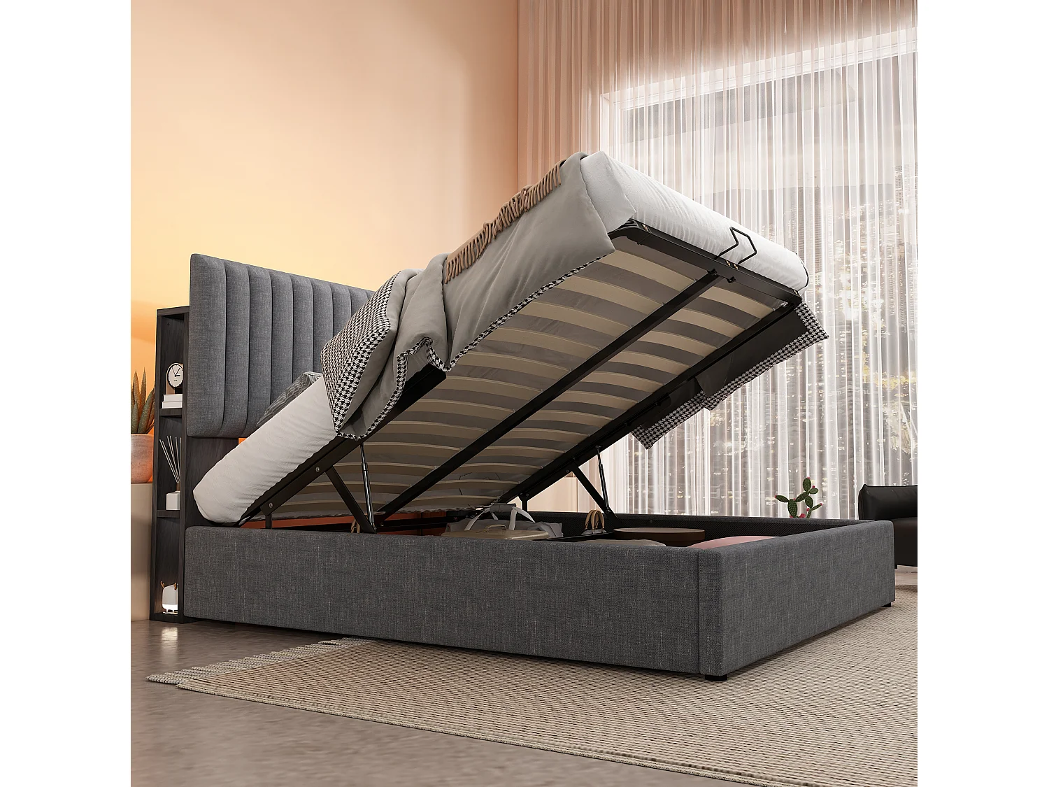 Lit coffre rembourré en lin avec ports de charge et LED - 140x200cm - 3 compartiments sur la tête réglablela - Gris