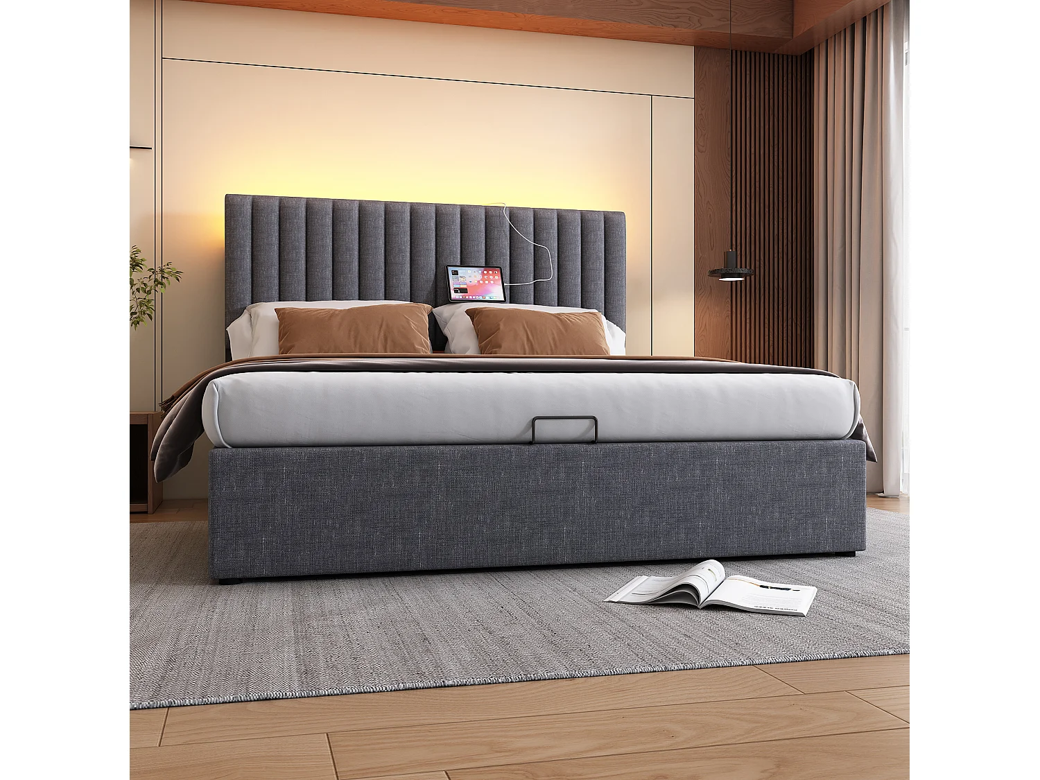 Lit coffre rembourré en lin avec ports de charge et LED - 140x200cm - 3 compartiments sur la tête réglablela - Gris