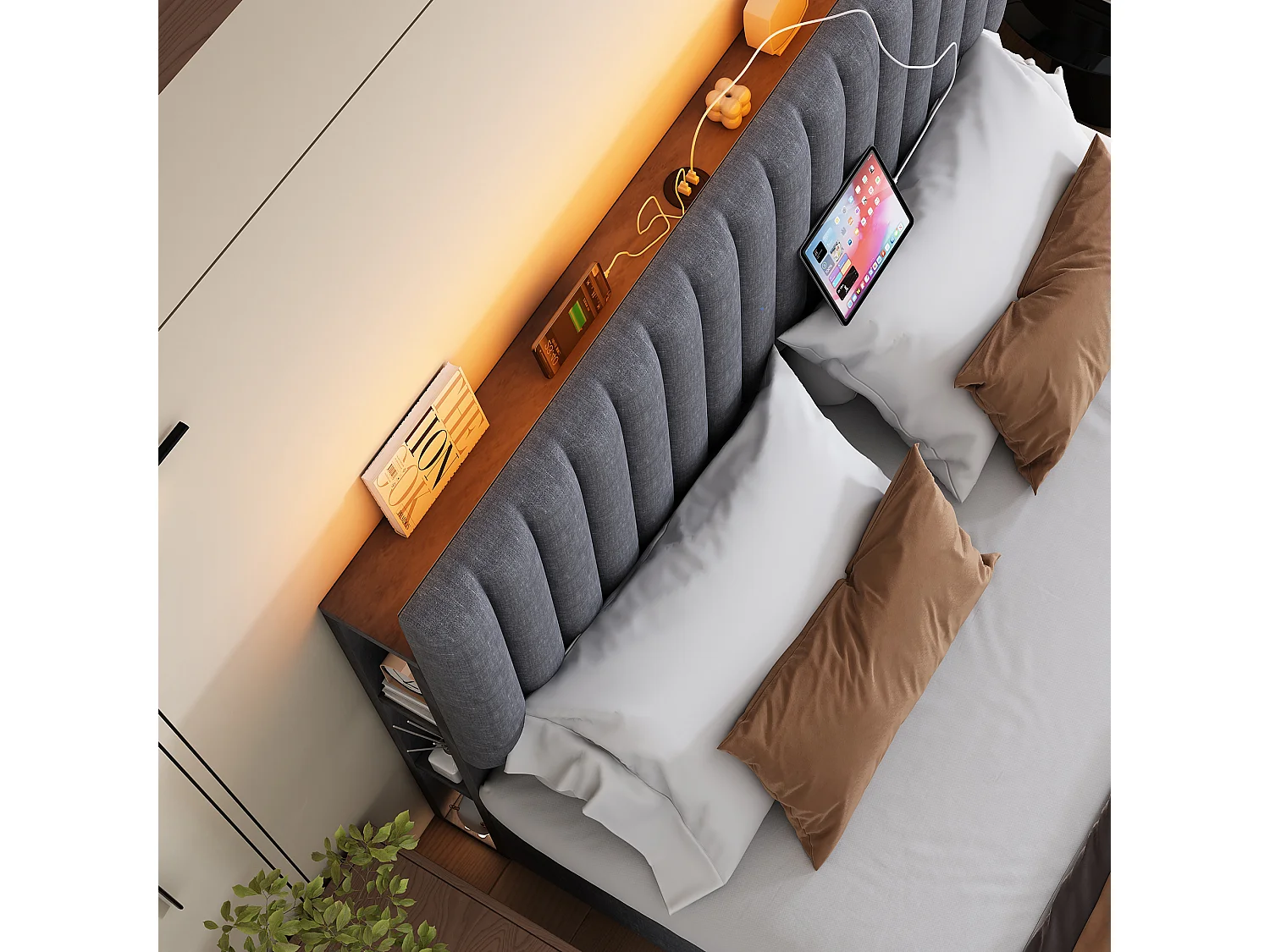 Lit coffre rembourré en lin avec ports de charge et LED - 140x200cm - 3 compartiments sur la tête réglablela - Gris