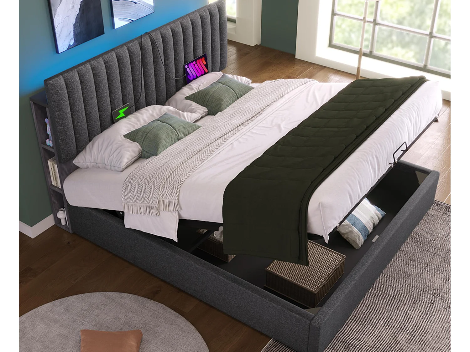 Mit Leinen gepolstertes Stauraumbett mit Ladeanschlüssen und LED – 140 x 200 cm – 3 Fächer am verstellbaren Kopfteil – Grau