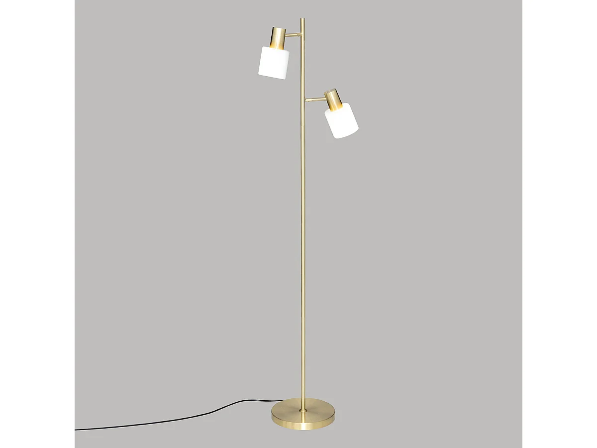 Lampadaire en métal Doré et 2 abat-jours en verre Blanc H 143 cm
