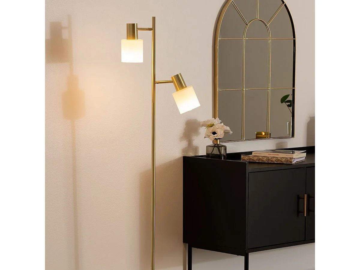 Lampadaire en métal Doré et 2 abat-jours en verre Blanc H 143 cm