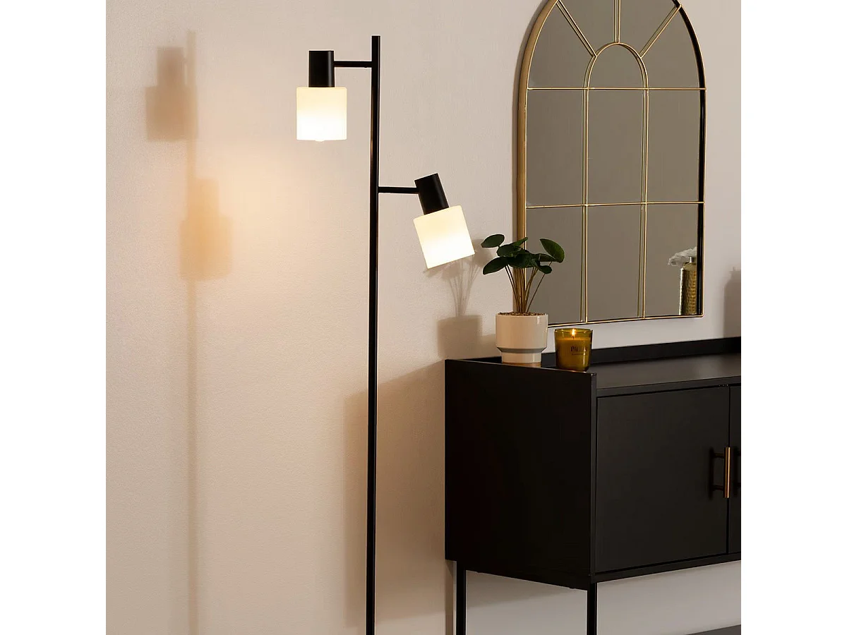 Lampadaire en métal Noir et 2 abat-jours en verre Blanc H 143 cm