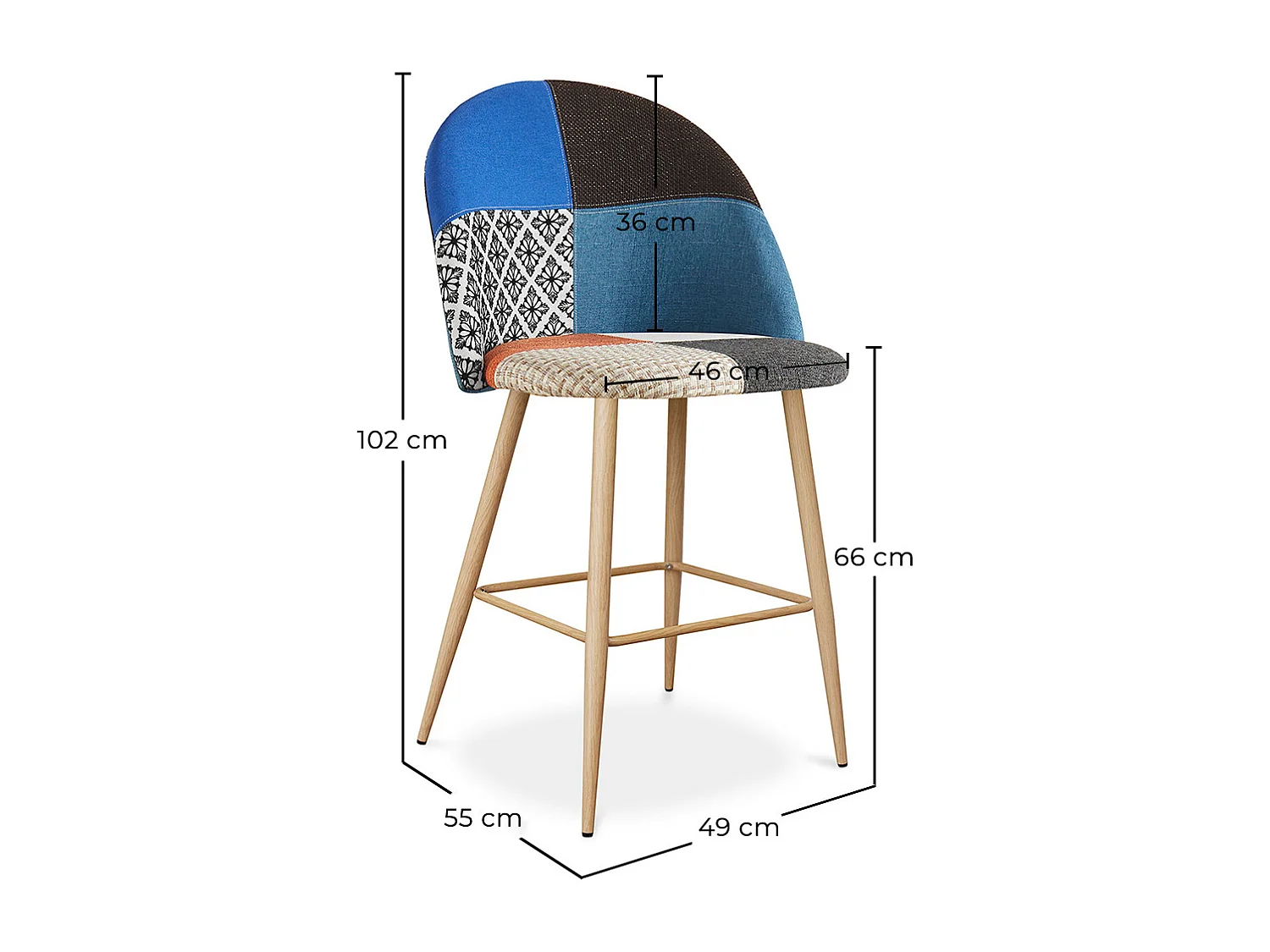 Tabouret Rembourré en Patchwork - Style Scandinave - 66cm - Evelyne Multicolore