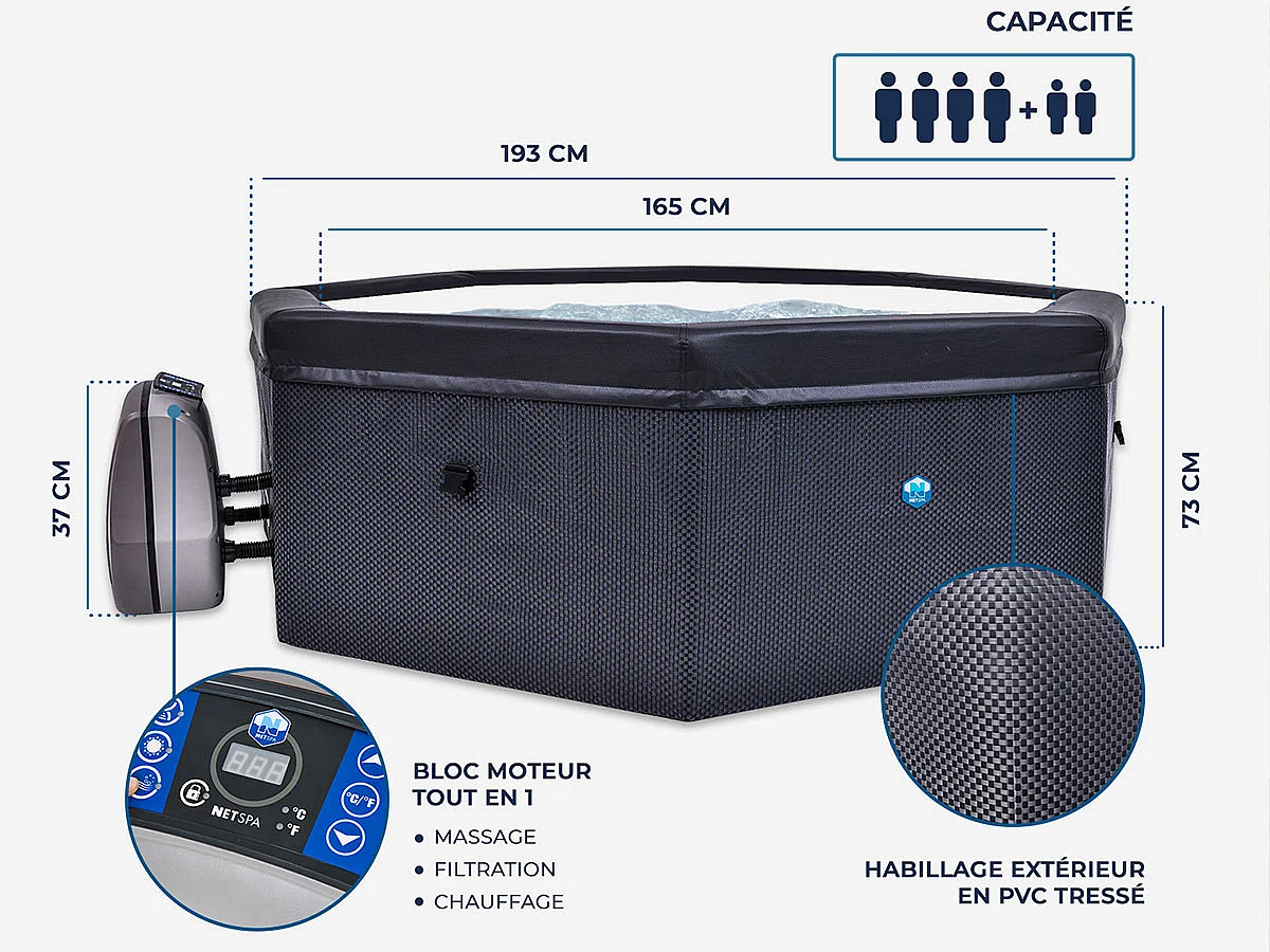 Spa Netspa Octopus ottagonale semirigida 4+2 posti - Riscaldatore/Filtro portatile - Volume 1000l 193x73cm - Modèle 2022