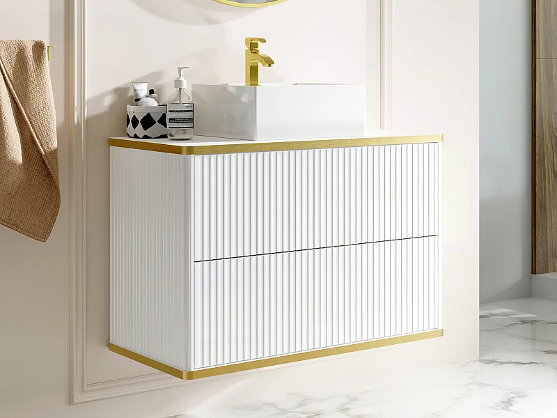 Meuble de salle de bain suspendu strié liseré doré avec vasque à poser carrée - Blanc - 80 cm - KELIZA