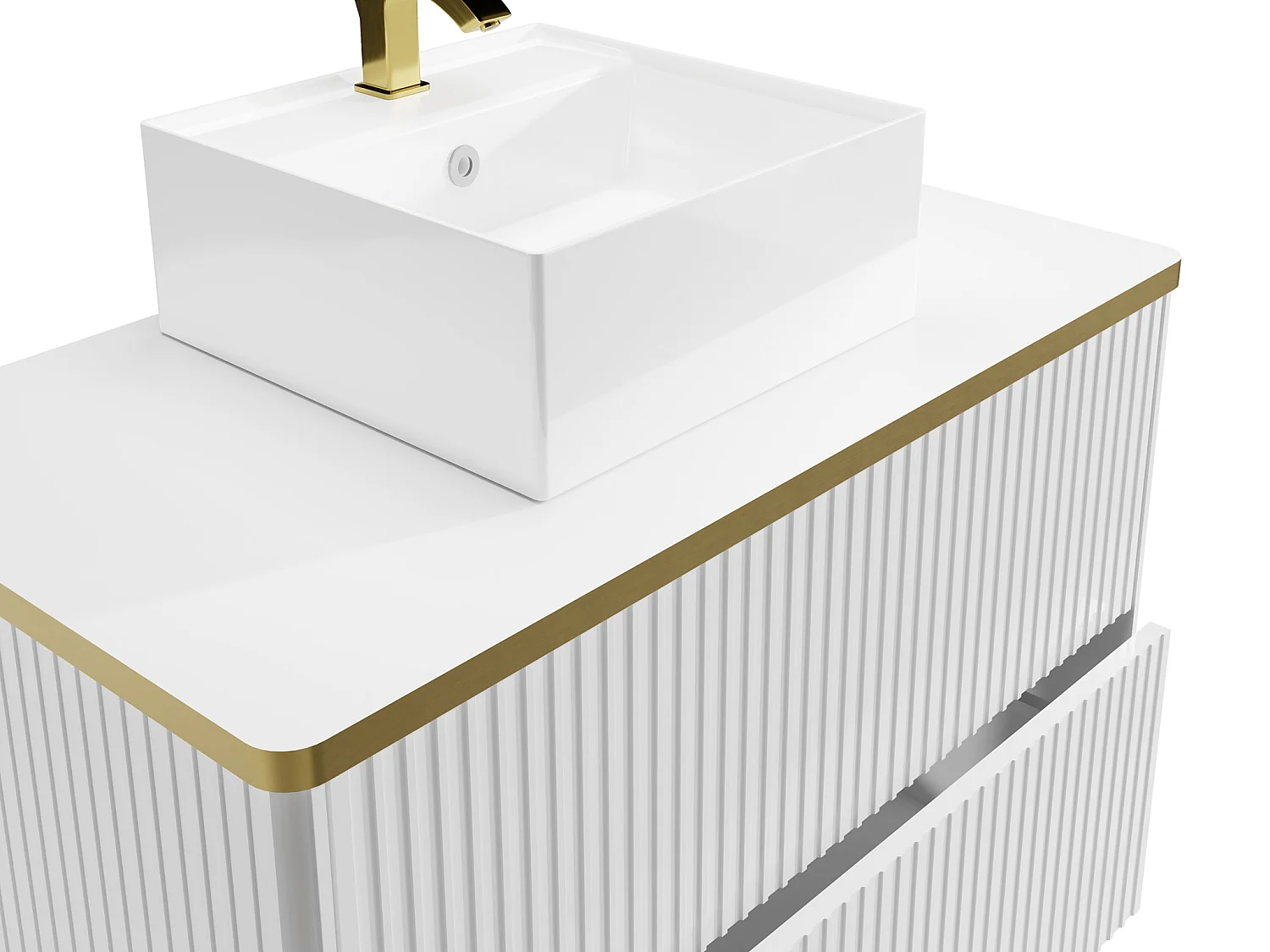 Mueble de baño suspendido estriado con ribete dorado y lavabo sobre encimera - blanco - 80 cm - KELIZA