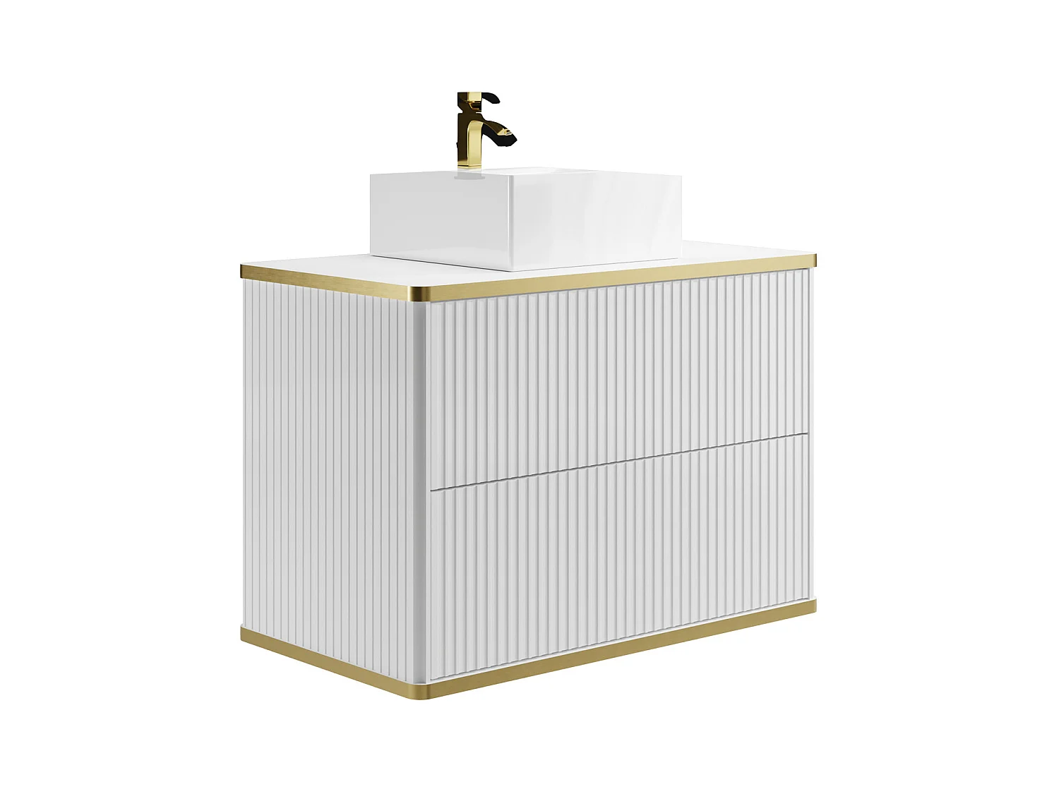 Hangend, geribbeld badkamermeubel met goudkleurige randen en opbouwwastafel - Wit - 80 cm - KELIZA
