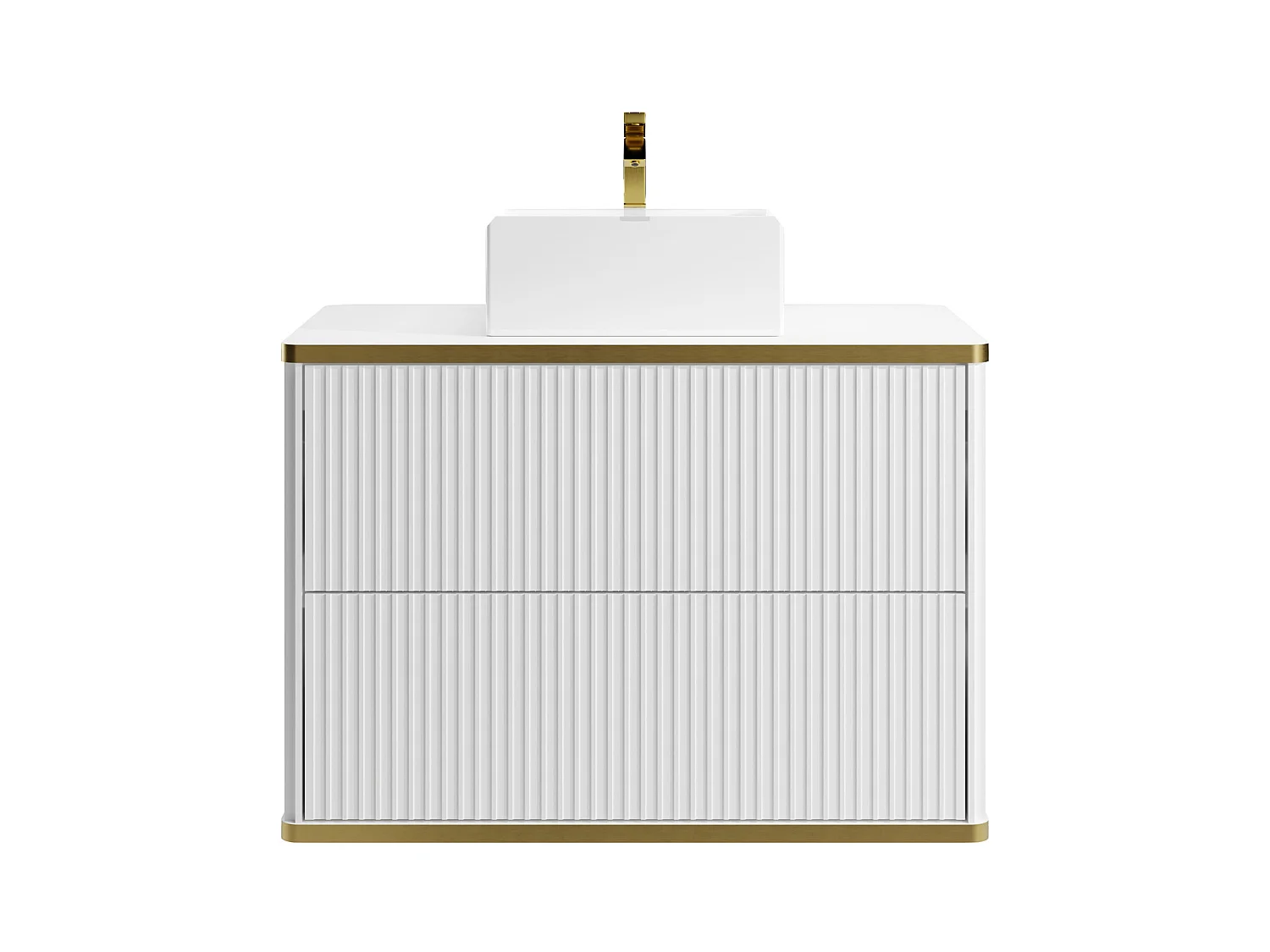 Hangend, geribbeld badkamermeubel met goudkleurige randen en opbouwwastafel - Wit - 80 cm - KELIZA