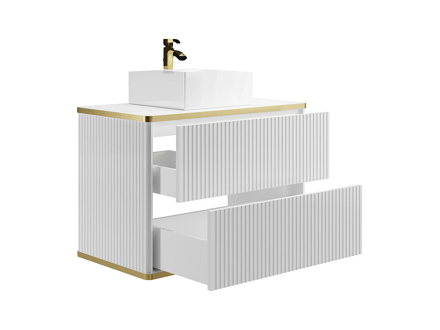 Hangend, geribbeld badkamermeubel met goudkleurige randen en opbouwwastafel - Wit - 80 cm - KELIZA
