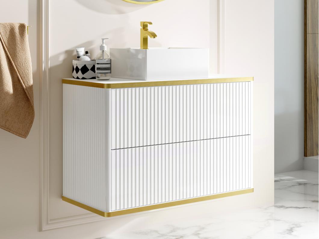 Móvel de casa de banho suspenso estriado rebordo dourado com lavatório de pousar branco 80 cm - KELIZA