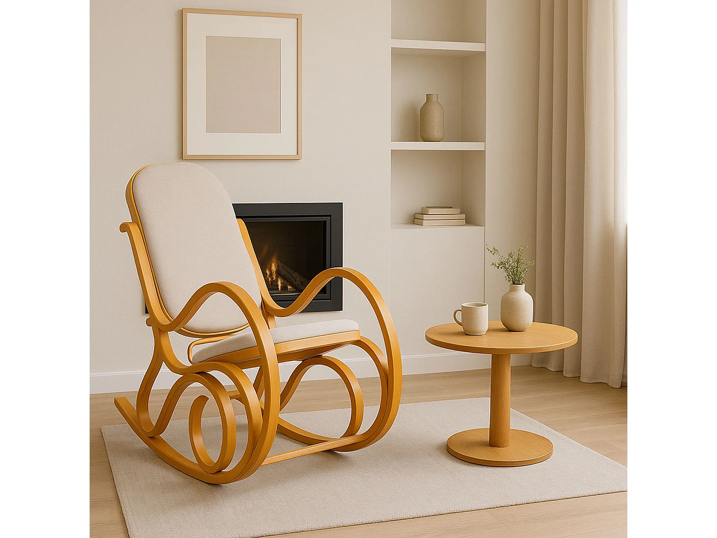 Fauteuil à bascule Gallarate,  imitation chêne, tissu beige