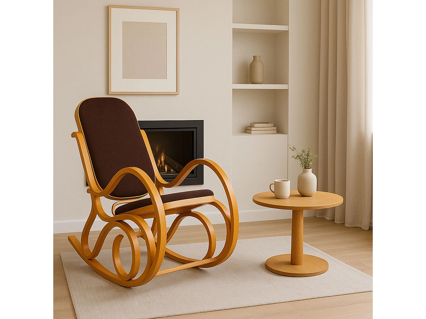 Sedia a dondolo classica elegante M41 legno chiaro seduta tessuto marrone