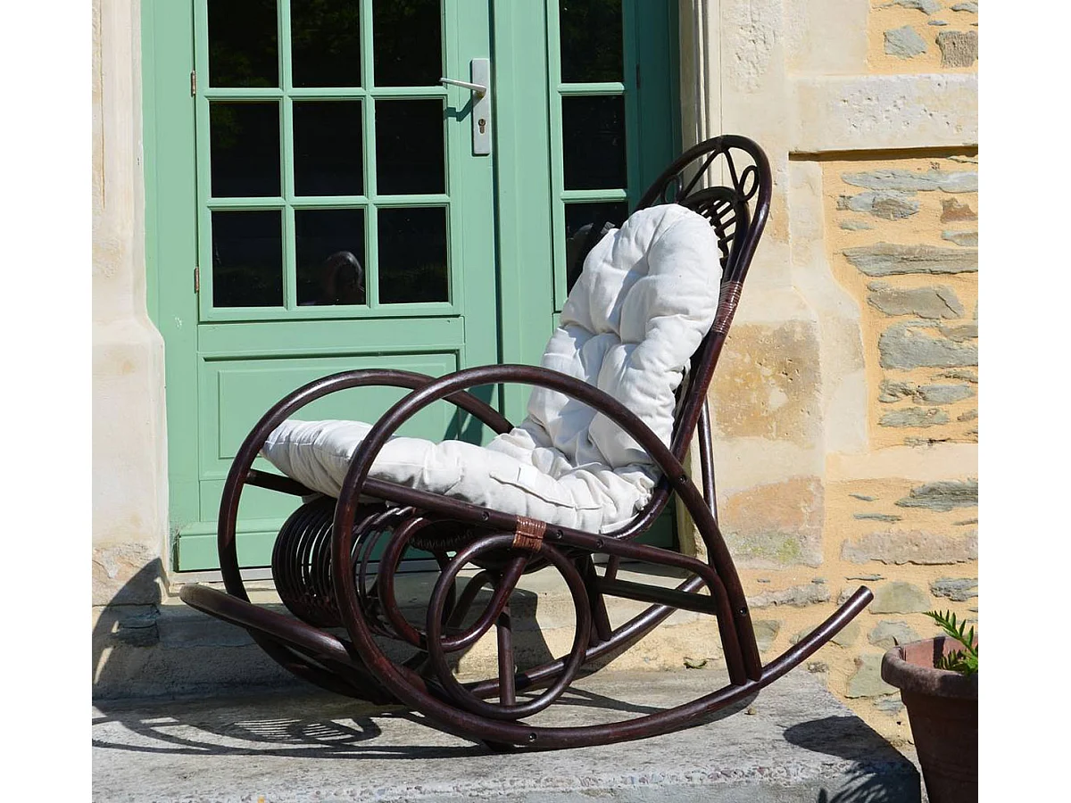 Fauteuil à bascule MCW-C40 Rattan,  coussin blanc