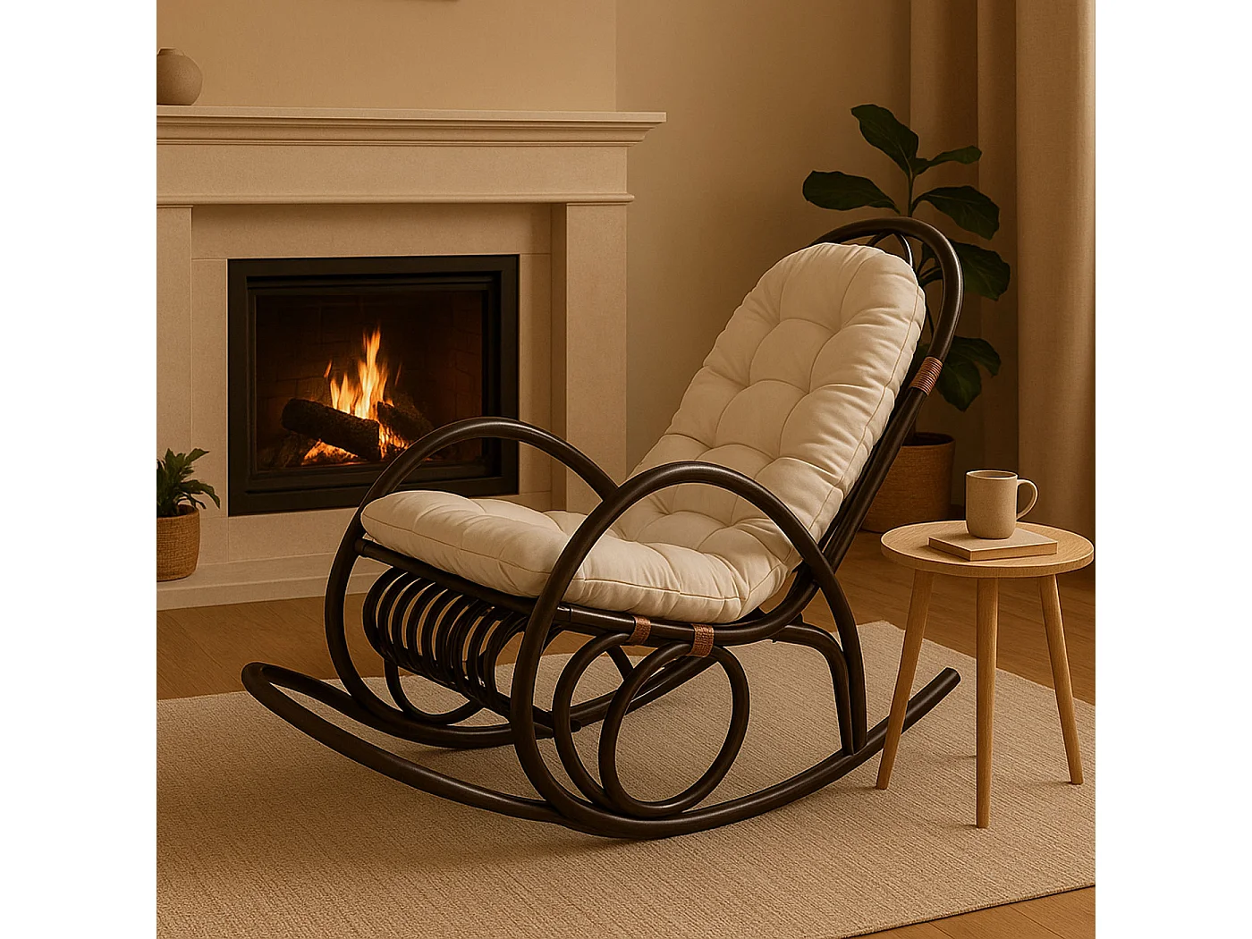 Fauteuil à bascule MCW-C40 Rattan,  coussin blanc