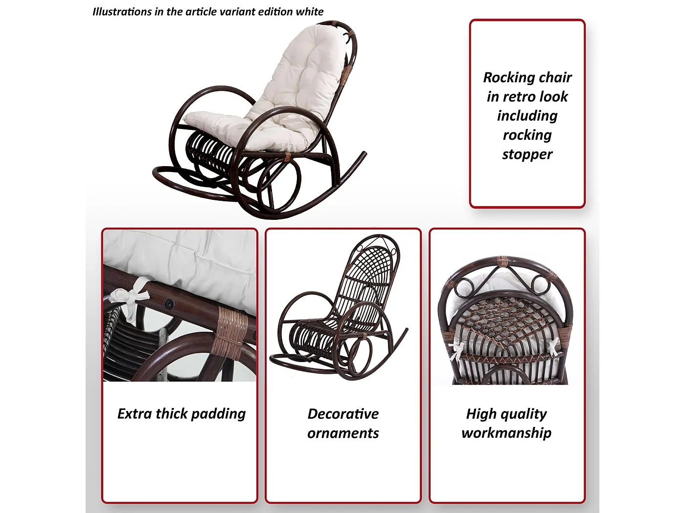 Fauteuil à bascule MCW-C40 Rattan,  coussin blanc