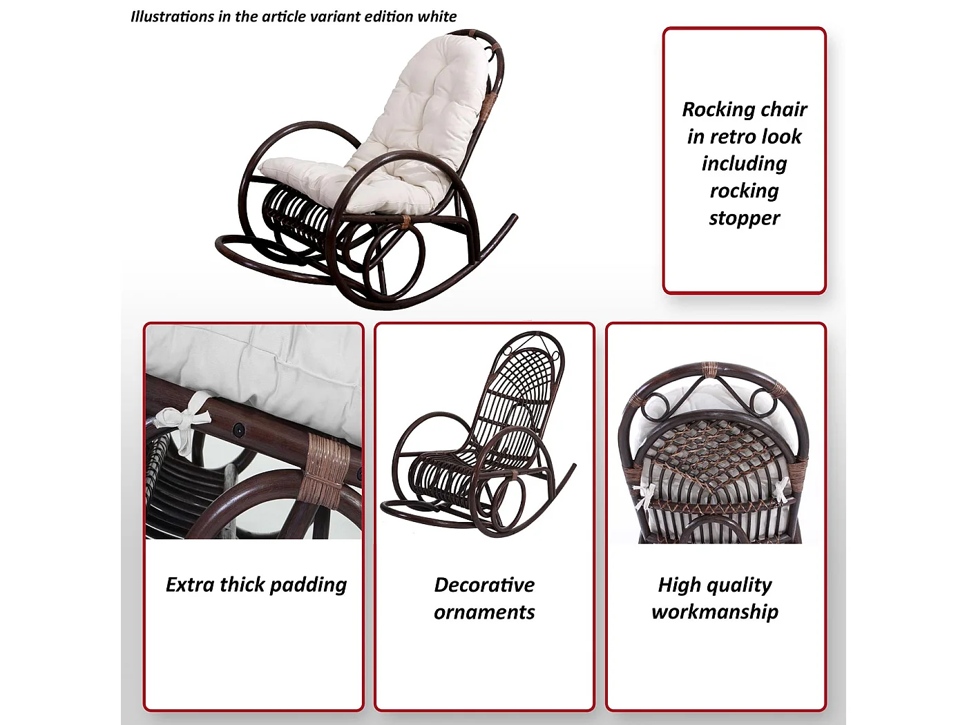 Fauteuil à bascule MCW-C40 Rattan,  coussin blanc
