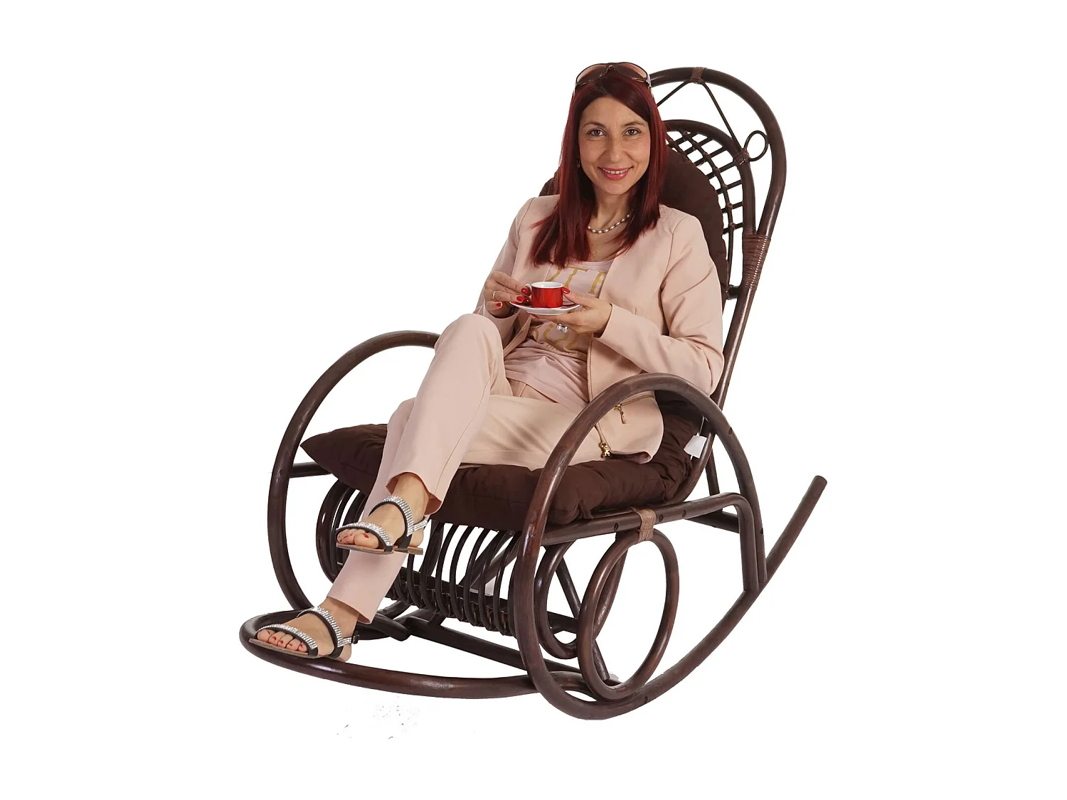 Cadeira de baloiço MCW-C40 Rattan,  almofada castanha