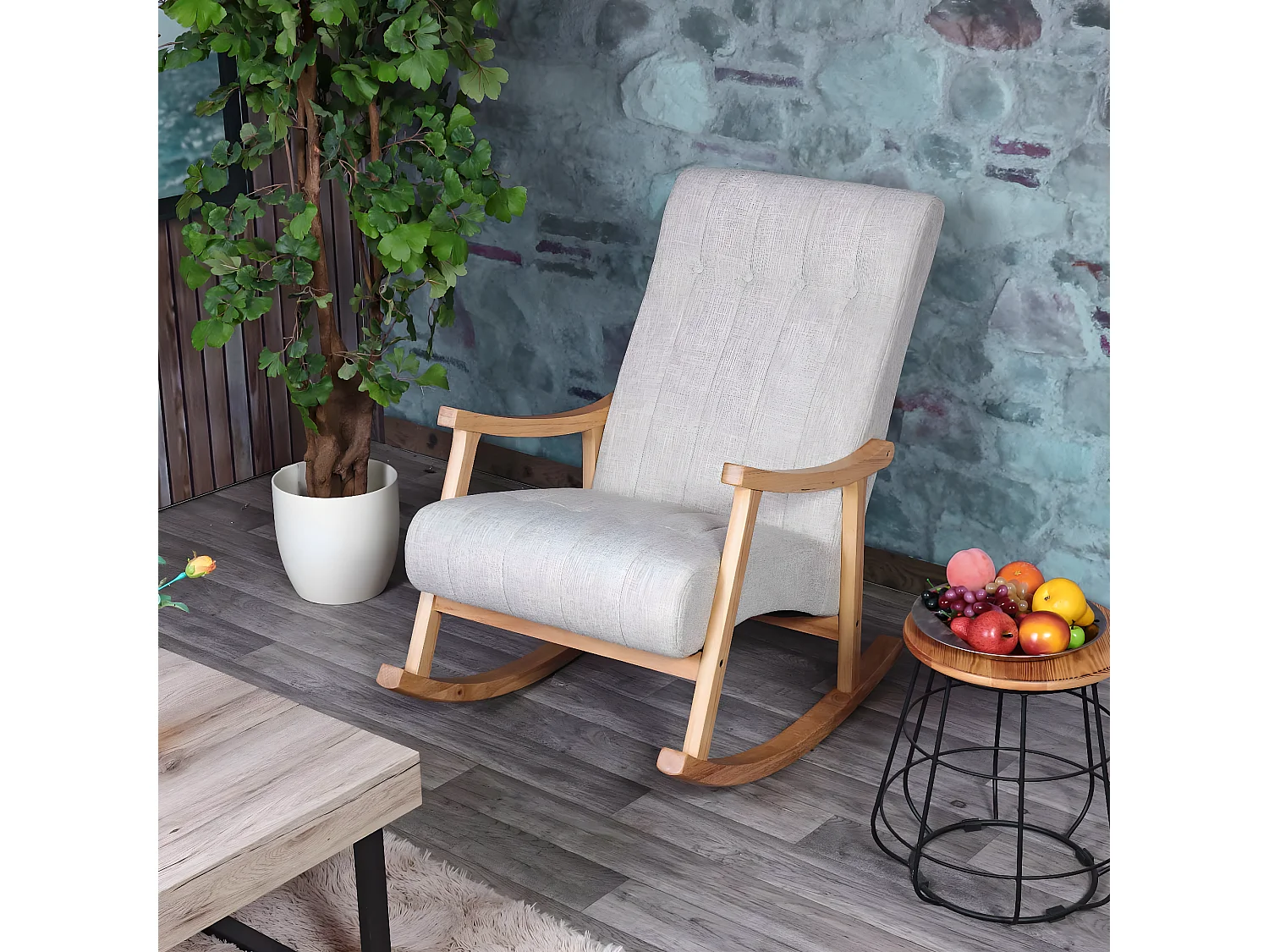 Fauteuil à bascule MCW-K10,  Tissu/Textile crème, piétement marron