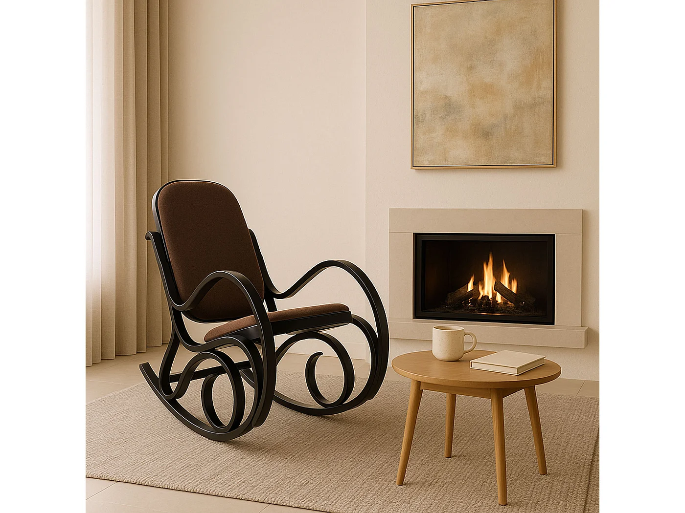 Fauteuil à bascule Gallarate,  imitation noyer, tissu marron