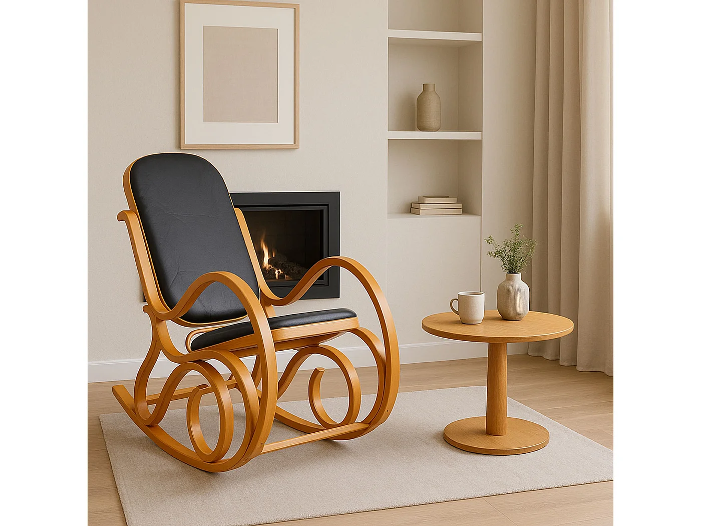 Schommelstoel Gallarate,  eiken look, patchwork leer zwart