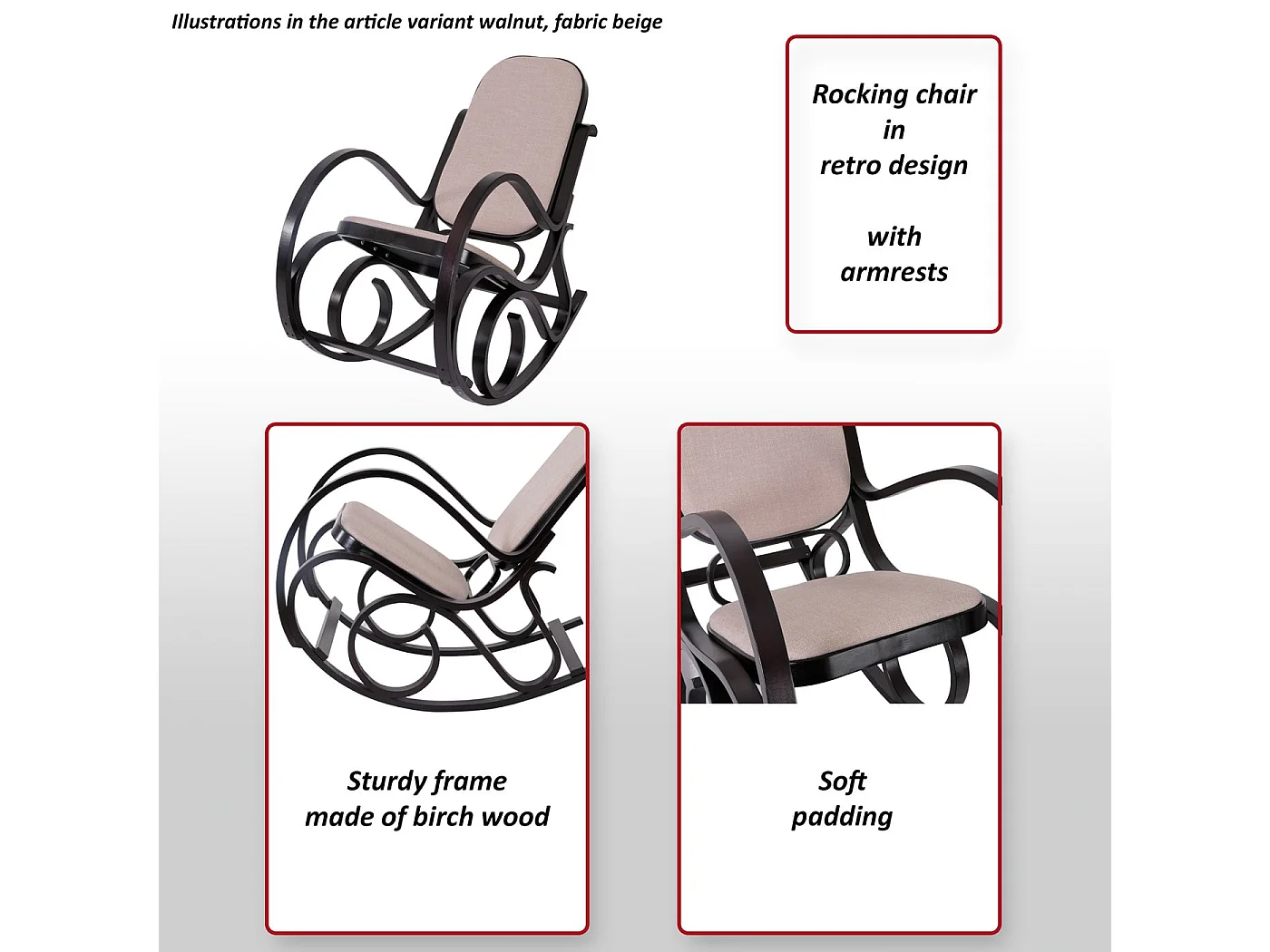 Fauteuil à bascule Gallarate,  imitation bois de chêne, assise en cuir Patchwork, noir