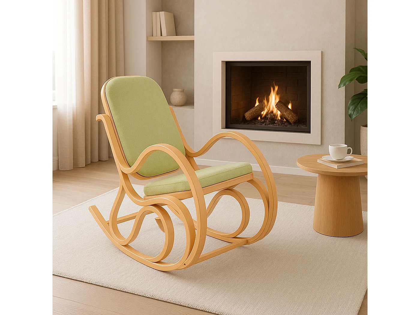 Fauteuil à bascule Gallarate,  aspect chêne, tissu/textile vert