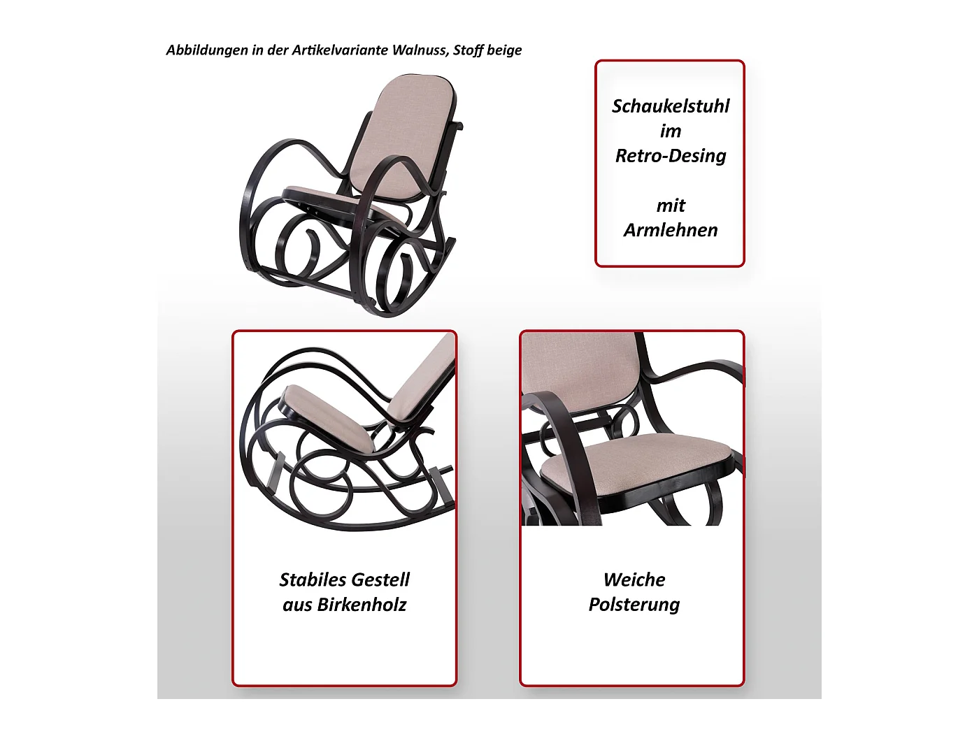 Schommelstoel Gallarate,  walnoot look, stof/textiel jacquard bruin