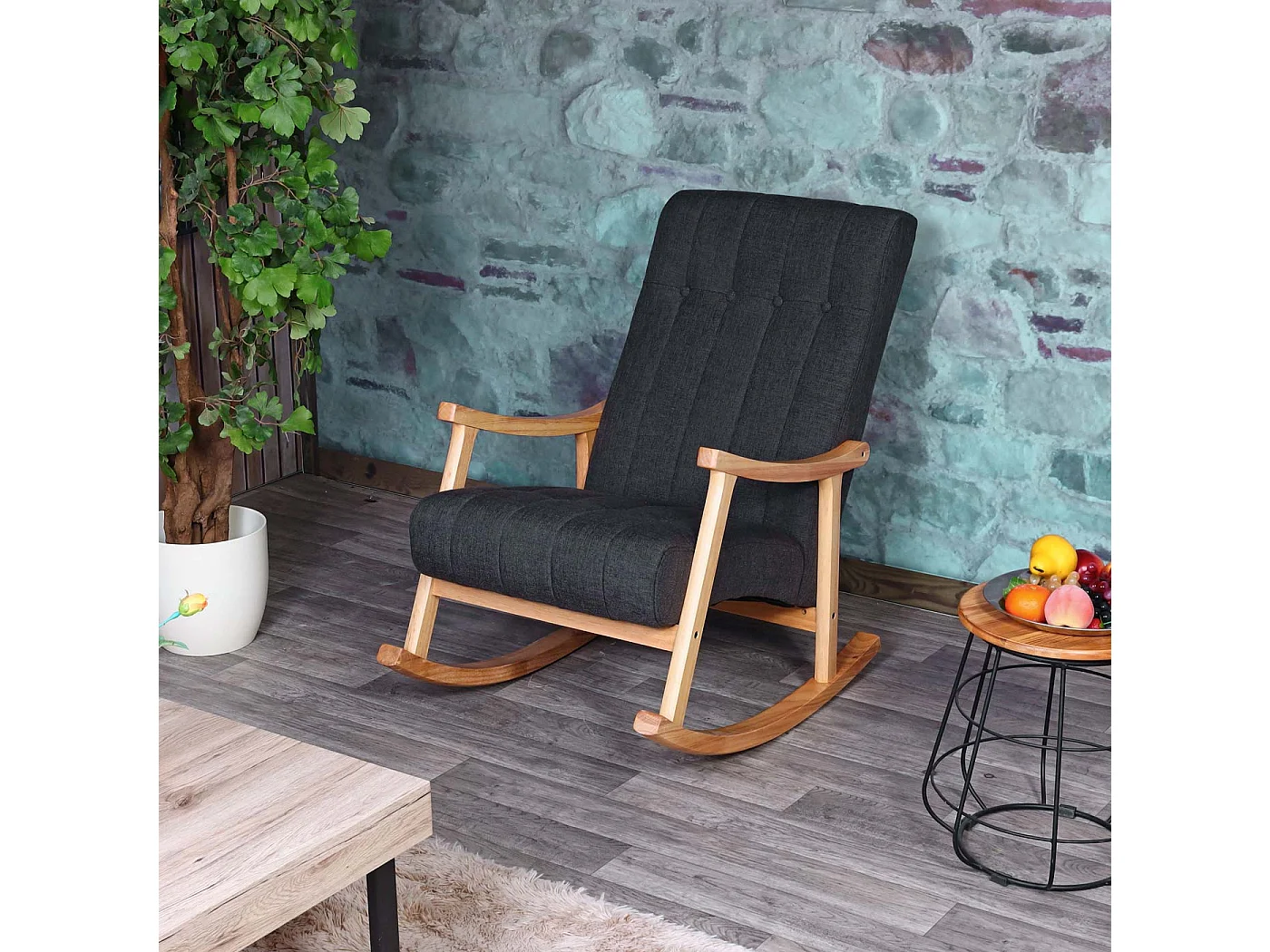 Fauteuil à bascule MCW-K10,  Tissu/Textile gris foncé, piétement marron
