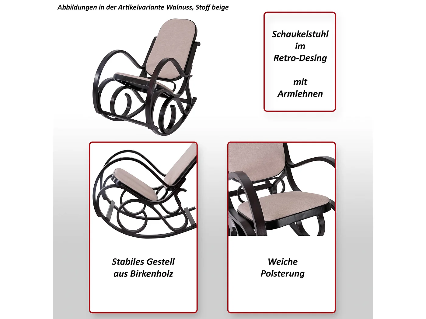 Fauteuil à bascule Gallarate,  imitation bois de chêne, assise en similicuir noir