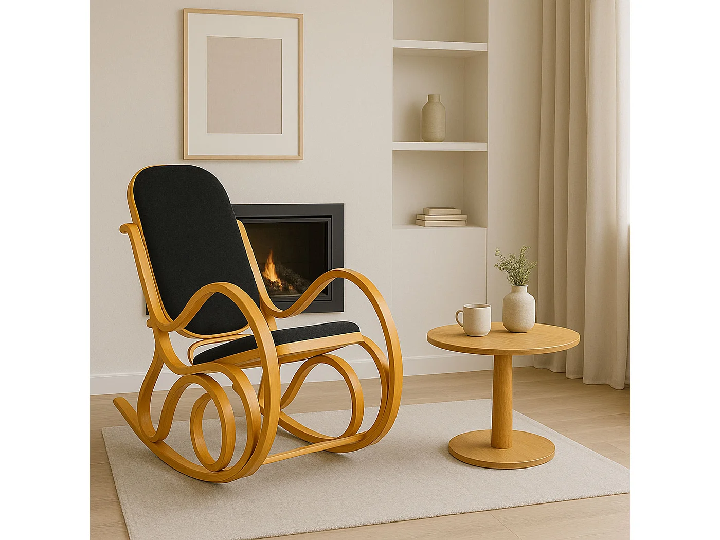 Schommelstoel Gallarate,  eiken look, kunstleer zwart