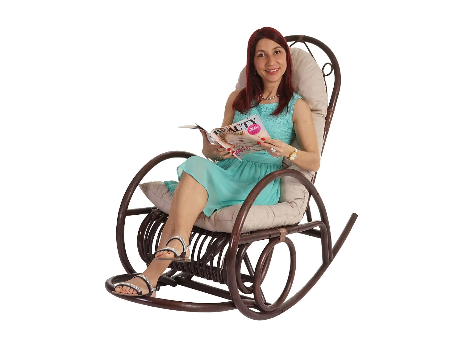 Schaukelstuhl MCW-C40 Rattan, Auflage creme