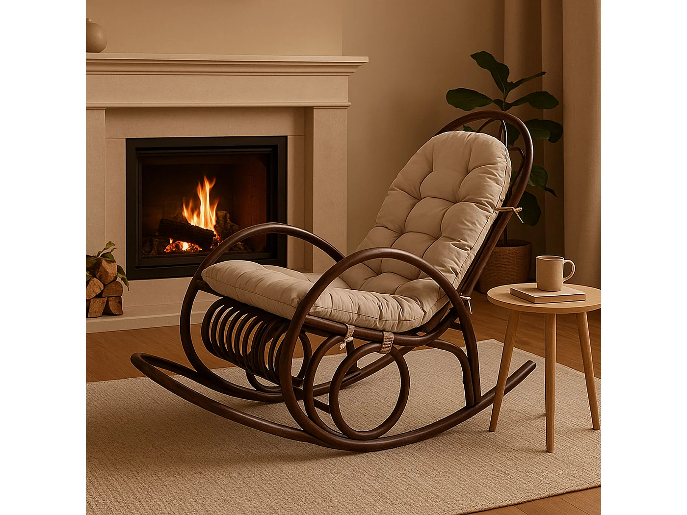 Schaukelstuhl MCW-C40 Rattan, Auflage creme