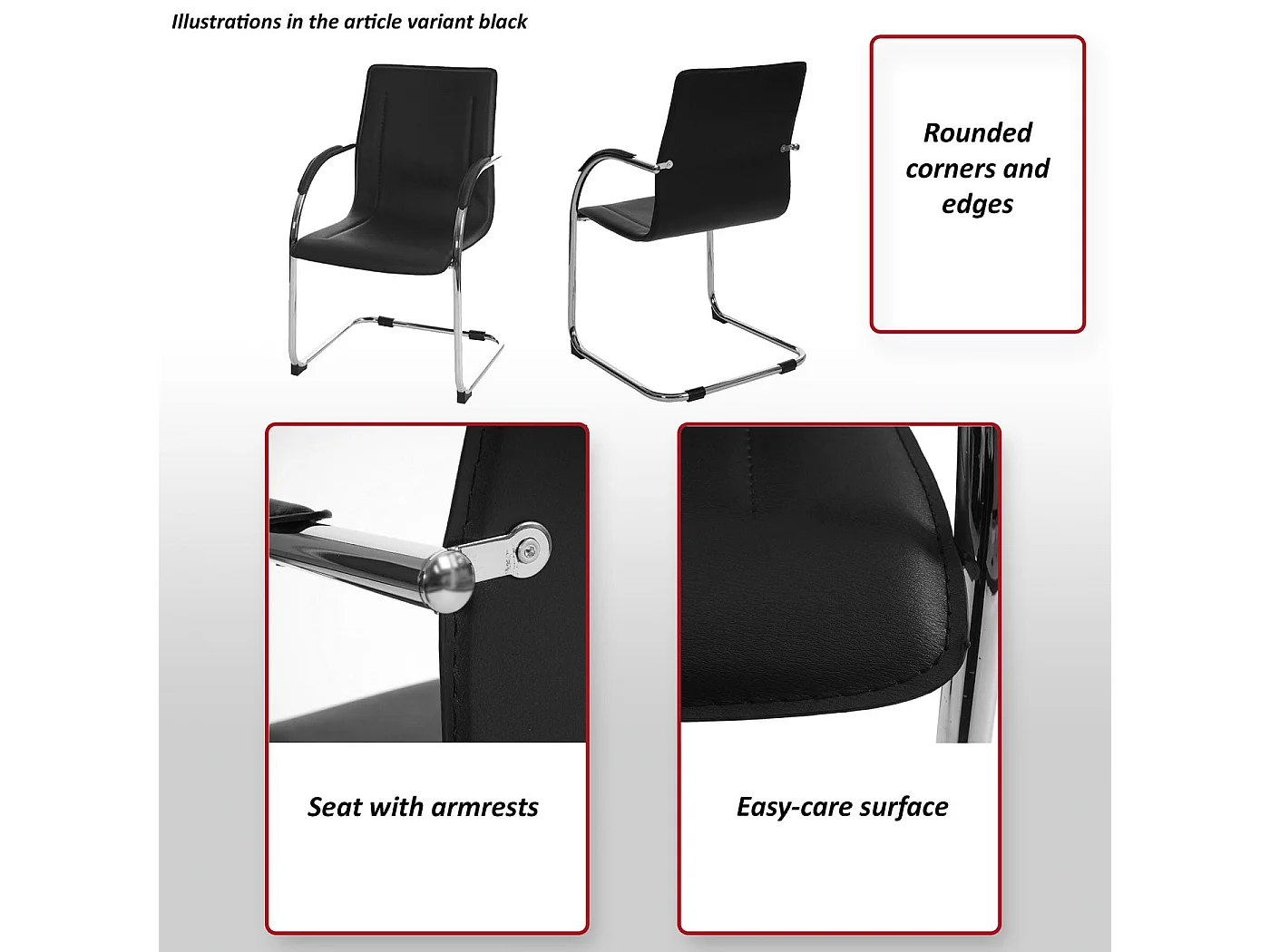 Sedia ufficio sala attesa studio a slitta Samara acciaio 56x56x93cm ~ nero