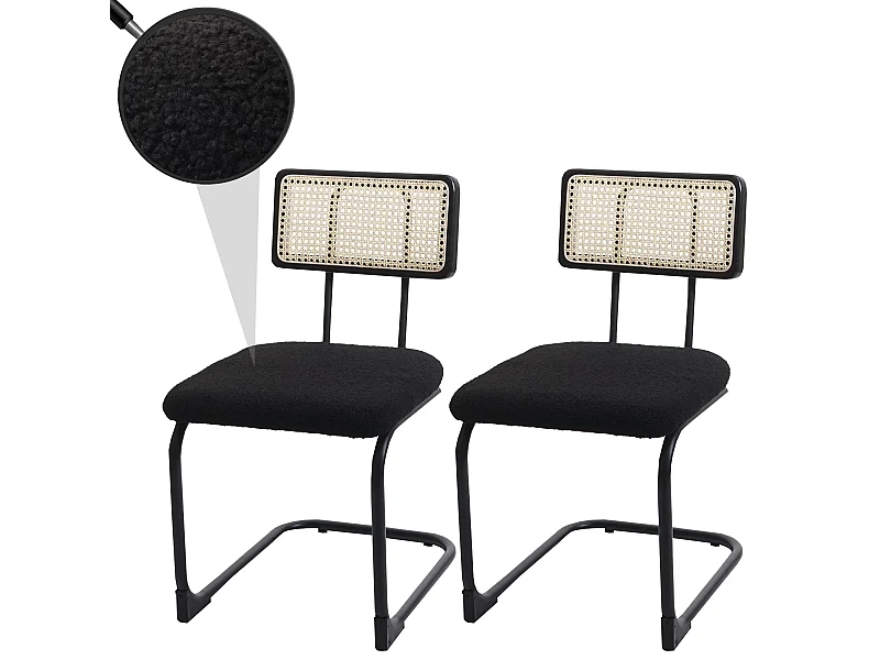 Set 2x sedie a slitta sala pranzo soggiorno MCW-K88 legno rattan tessuto bouclè nero