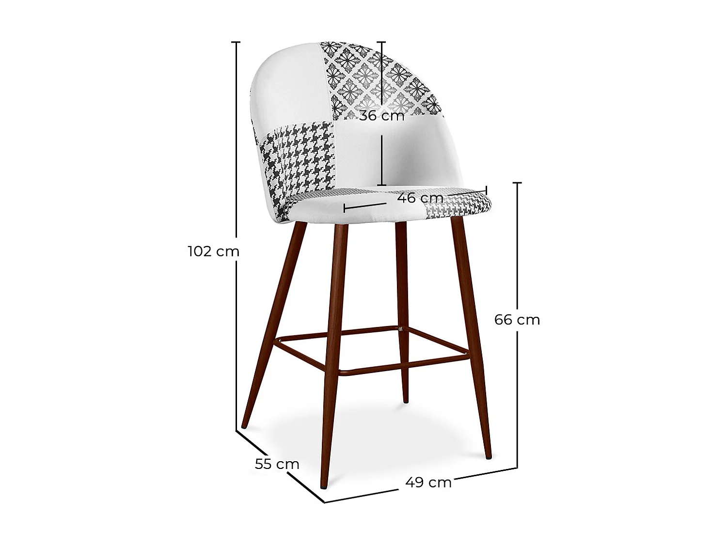 Taburete Tapizado en Patchwork - Estilo Escandinavo - Blanco y Negro - 66cm - Evelyne