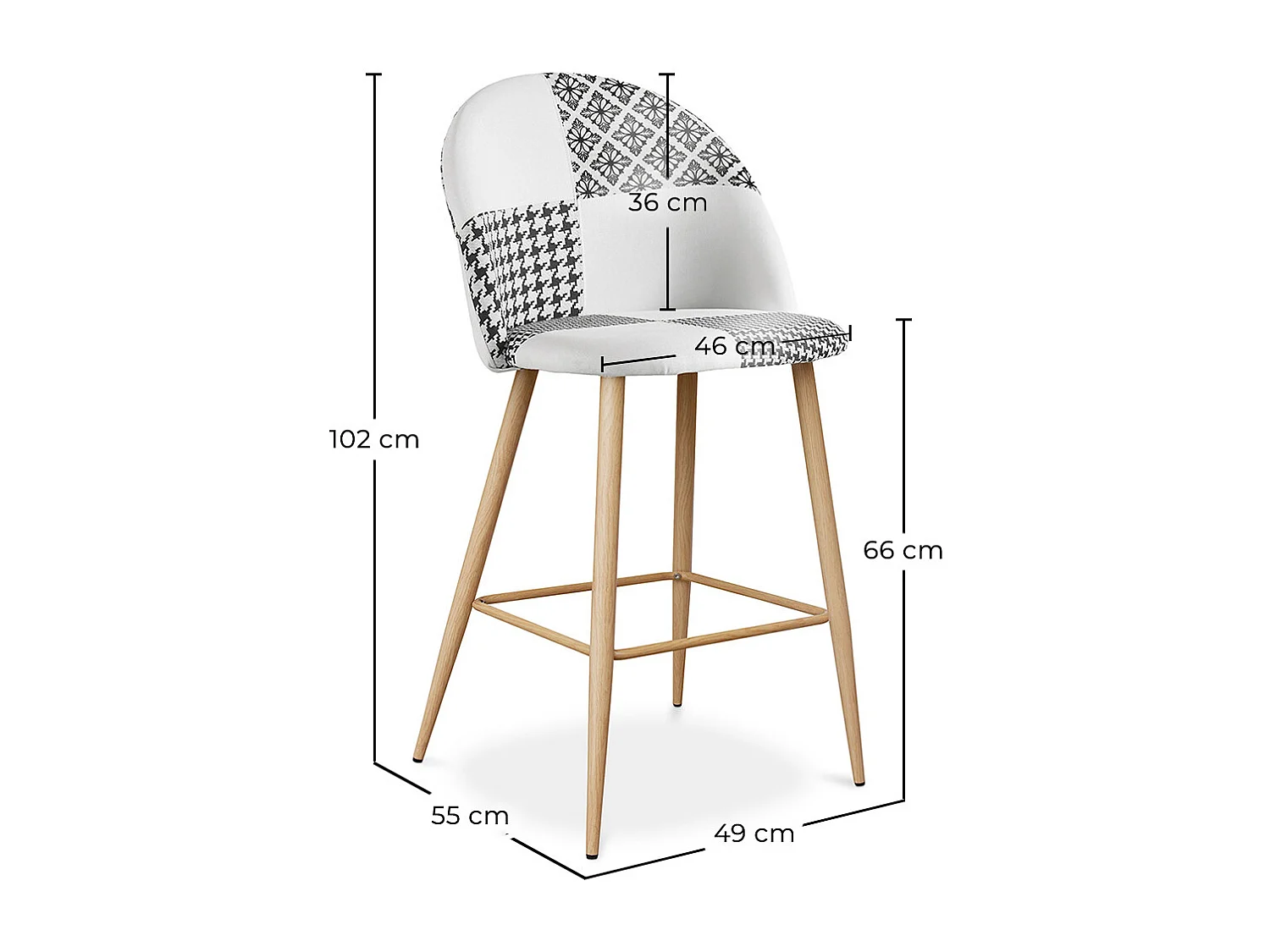 Taburete Tapizado en Patchwork - Estilo Escandinavo - Blanco y Negro - 66cm - Evelyne