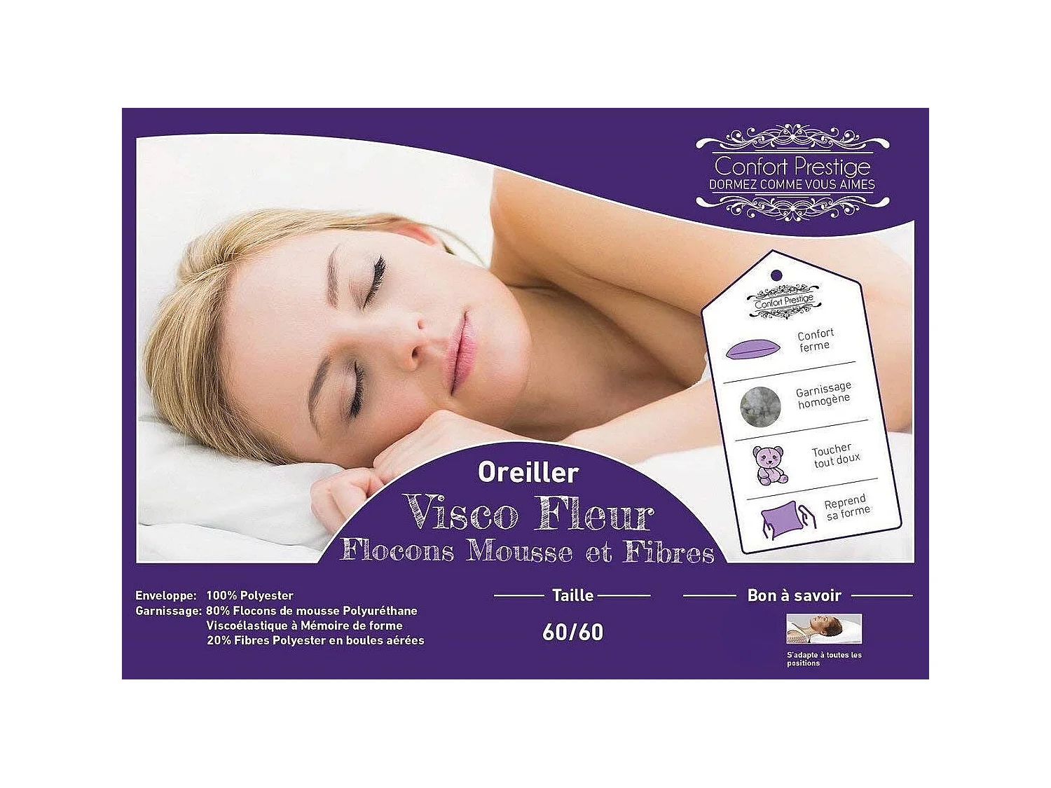 Matelas 180x200 x 19,5 cm + Oreiller Visco - Une Face Soutien Souple et Une Face Soutien Ferme - Reference Nina - Tissu