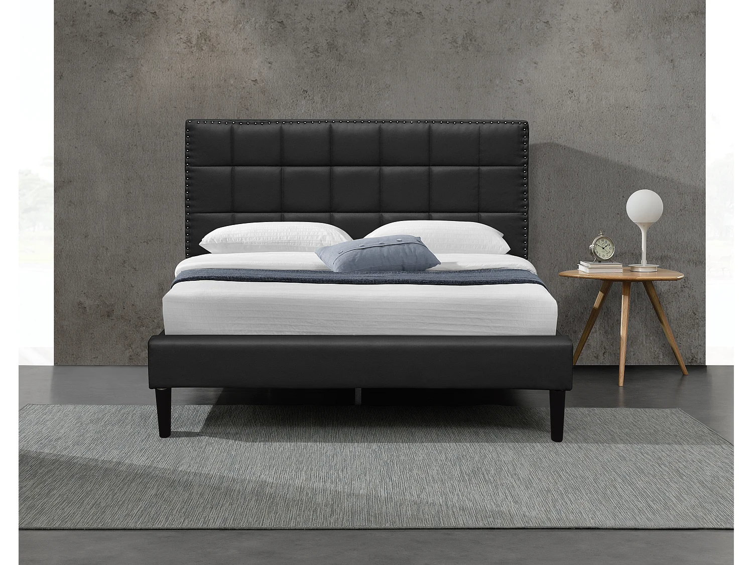 Lit riley pour matelas 140x190-Sommier+Tête de Lit Capitonnee Couleur NOIR+Pieds en 16cm pour matelas-2x13Lattes