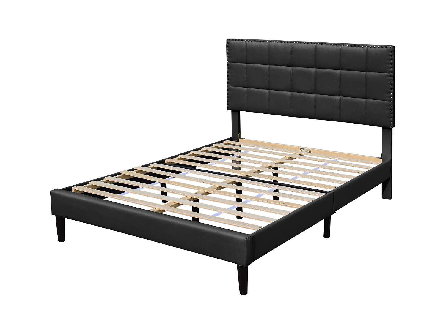 Lit riley pour matelas 140x190-Sommier+Tête de Lit Capitonnee Couleur NOIR+Pieds en 16cm pour matelas-2x13Lattes