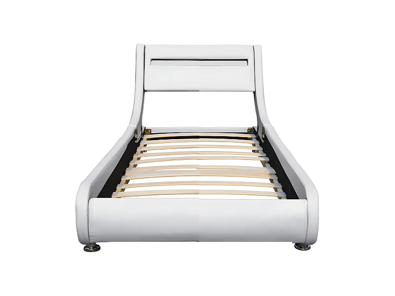 Lit ava pour matelas 90x200-Sommier+Tête de Lit eclairage LED Incurve Couleur BLANC+Pieds en 5cm pour matelas-13 Lattes