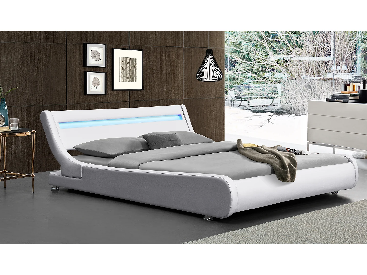 Lit ava pour matelas 90x200-Sommier+Tête de Lit eclairage LED Incurve Couleur BLANC+Pieds en 5cm pour matelas-13 Lattes