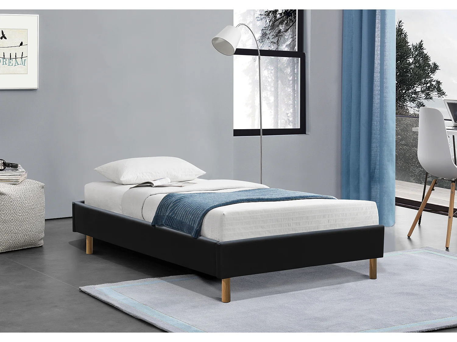 Matelas + sommier noir  80x200 x 22 cm - Ferme - Face Hiver Laine - ame rembourrage 100 % polesther - âme 100 % polyuréthane poli lattex Haute Densite -